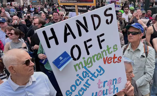 People gather to protest President Donald Trump's policies on Saturday, April 19, 2025 in New York. (AP Photo/Joseph Frederick)