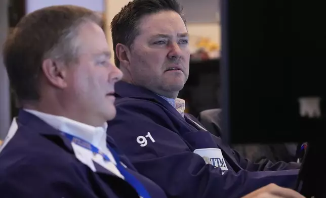A pair of traders work on the floor of the New York Stock Exchange, Thursday, April 10, 2025. (AP Photo/Richard Drew)