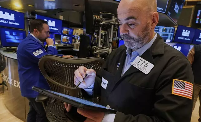 Trader Fred Demarco, right, works on the floor of the New York Stock Exchange, Thursday, April 10, 2025. (AP Photo/Richard Drew)