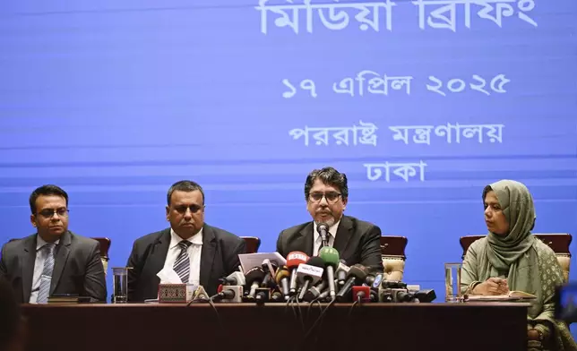 Bangladesh Foreign Secretary Md. Jashim Uddin, second right, speaks at a press conference following his bilateral meeting with Pakistan Foreign Secretary Amna Baloch in Dhaka, Bangladesh, Thursday, April 17, 2025. (AP Photo/Mahmud Hossain Opu)
