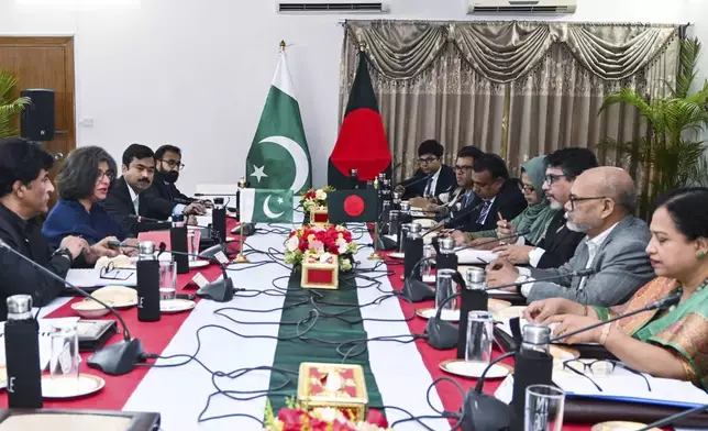 Bangladesh Foreign Secretary Md. Jashim Uddin, center right, and Pakistan Foreign Secretary Amna Baloch, center left, have a bilateral meeting in Dhaka, Thursday, April 17, 2025. (Bangladesh Ministry of Foreign Affairs via AP)