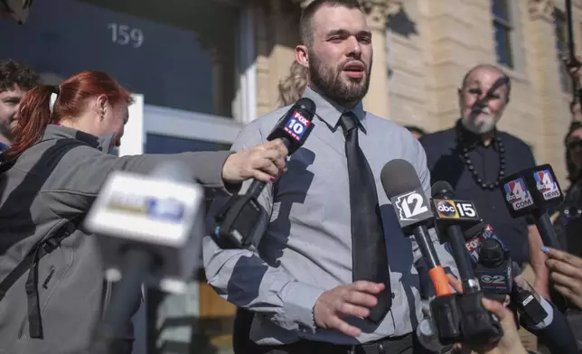 FILE - Lori Vallow Daybell's son Colby Ryan addresses the media during the hearing for Daybell on Friday, March 6, 2020, in Rexburg, Idaho. Daybell who is charged with felony child abandonment after her two children went missing nearly six months ago had her bond reduced to $1 million by an Idaho judge on Friday. (John Roark/The Idaho Post-Register via AP, Pool, File)
