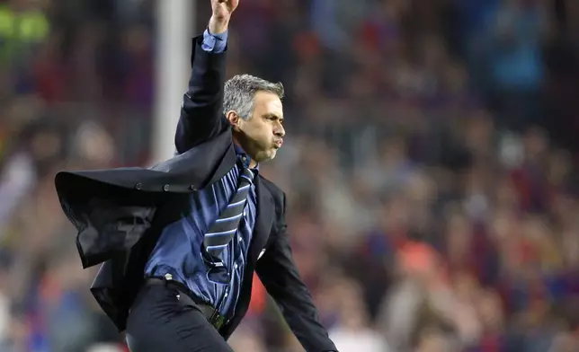 FILE - Inter Milan coach Jose Mourinho, of Portugal, reacts after a Champions League semifinal soccer match, second leg, between Barcelona and Inter Milan, at the Nou Camp stadium in Barcelona, Spain, on April 28, 2010. (AP Photo/Antonio Calanni, File)