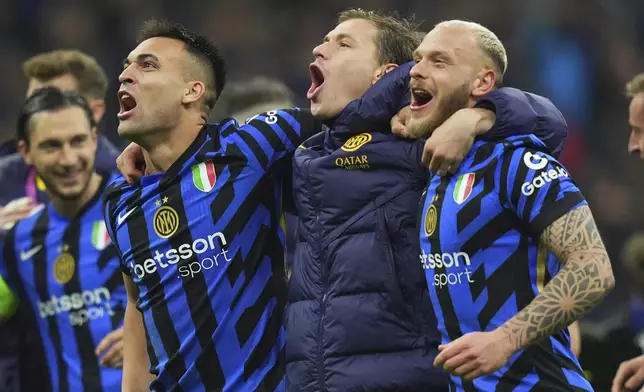 Inter Milan's Lautaro Martinez, Inter Milan's Nicolo Barella, Inter Milan's Federico Dimarco celebrates during the Uefa Champions League soccer match between Inter and Bayern Munich at San Siro Stadium in Milan, North Italy, Wednesday April 16, 2025. (Spada/LaPresse via AP)