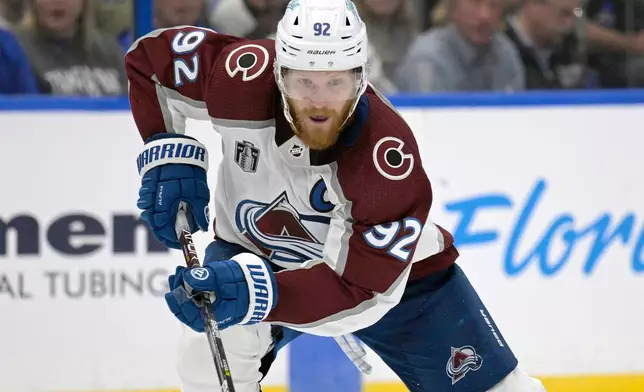 FILE - Colorado Avalanche left wing Gabriel Landeskog (92) skates during the second period of Game 4 of the NHL hockey Stanley Cup Finals on Wednesday, June 22, 2022, in Tampa, Fla. (AP Photo/Phelan M. Ebenhack, File)