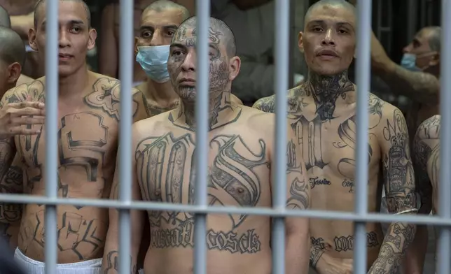 Prisoners with MS-13 gang tattoos looks out of his cell as Homeland Security Secretary Kristi Noem tours the Terrorist Confinement Center in Tecoluca, El Salvador, Wednesday, March 26, 2025. (AP Photo/Alex Brandon)