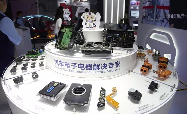 Auto parts from Chinese manufacturer THB are displayed at the Shanghai auto show on Thursday, April 24, 2025. (AP Photo/Ng Han Guan)