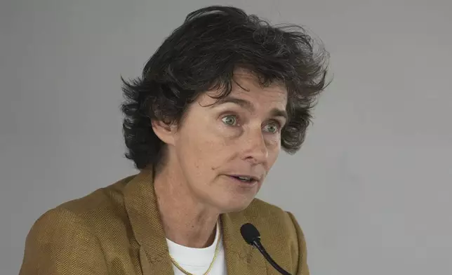 Kylian Mbappe's lawyer Delphine Verheyden attends a press conference as Kylian Mbappe's legal team is going on the attack to try and solve the legal dispute between the World Cup winner and his former club PSG., Thursday, April 10, 2025 in Paris. (AP Photo/Michel Euler)