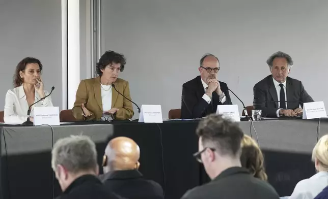 Kylian Mbappe's lawyers Delphine Verheyden, second right, Frederique Cassereau, right, Thomas Clay and Pierre-Olivier Sur, right, attend a press conference, Thursday, April 10, 2025 in Paris. (AP Photo/Michel Euler)