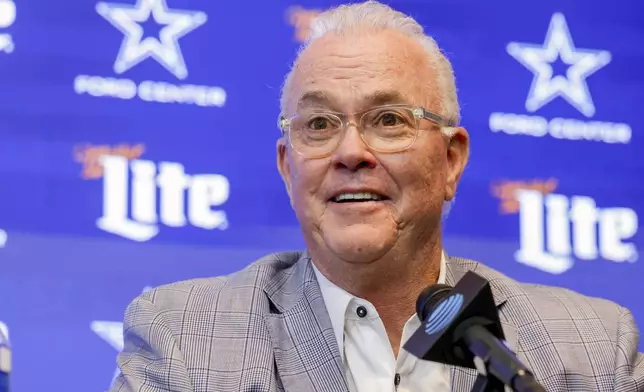 Dallas Cowboys executive vice president, CEO and director of player personnel Stephen Jones speaks during a news conference for the team's NFL football draft first-round pick Tyler Booker in Frisco, Texas, Friday, April 25, 2025. (AP Photo/Gareth Patterson)