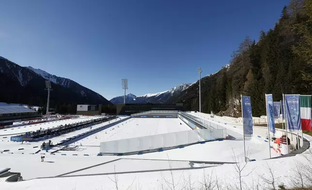 A view of the Anterselva Biathlon Arena, where the biathlon discipline will take place during the Milan Cortina 2026 Winter Olympics, in northern Italy, Saturday, Jan. 25, 2025. (AP Photo/Alessandro Trovati)