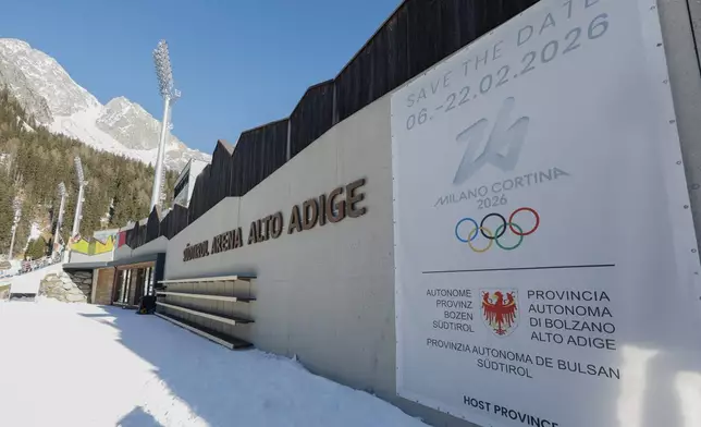 A view of the Biathlon Arena where the biathlon will take place during the Milan Cortina 2026 Winter Olympics, in northern Italy, Saturday, Jan. 25, 2025. (AP Photo/Alessandro Trovati)
