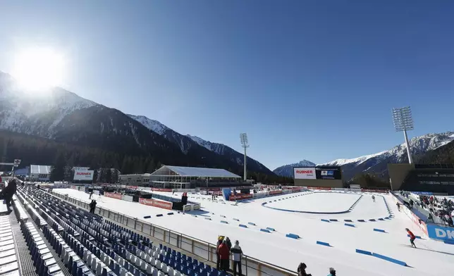 A view of the Anterselva Biathlon arena,where the biathlon discipline will take place during the Milan Cortina 2026 Winter Olympics, in northern Italy, Saturday, Jan. 25, 2025. (AP Photo/Alessandro Trovati)