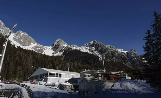 A view of the Anterselva Biathlon Arena, where the biathlon discipline will take place at the Milan Cortina 2026 Winter Olympics, in Anterselva, northern Italy, Saturday, Jan. 25, 2025. (AP Photo/Alessandro Trovati)