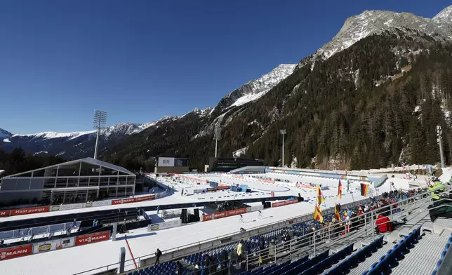 A view of the Anterselva Biathlon Arena, venue for the biathlon discipline at the Milan Cortina 2026 Winter Olympics, in Anterselva, northern Italy, Saturday, Jan. 25, 2025. (AP Photo/Alessandro Trovati)
