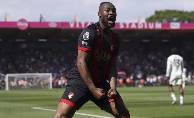 Bournemouth's Antoine Semenyo celebrates after scoring the opening goal during the English Premier League match at Vitality Stadium, Bournemouth, England, Sunday, April 27, 2025. (Adam Davy/PA via AP)