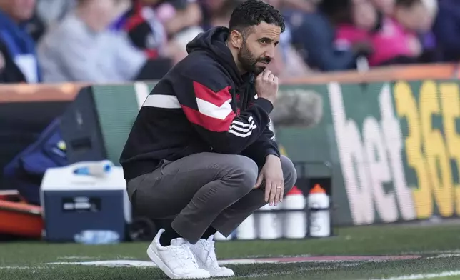 Manchester United manager Ruben Amorim reacts during the English Premier League match at Vitality Stadium, Bournemouth, England, Sunday, April 27, 2025. (Adam Davy/PA via AP)