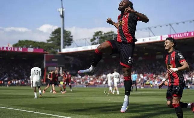 Bournemouth's Antoine Semenyo, centre, celebrates after scoring the opening goal during the English Premier League match at Vitality Stadium, Bournemouth, England, Sunday, April 27, 2025. (Adam Davy/PA via AP)