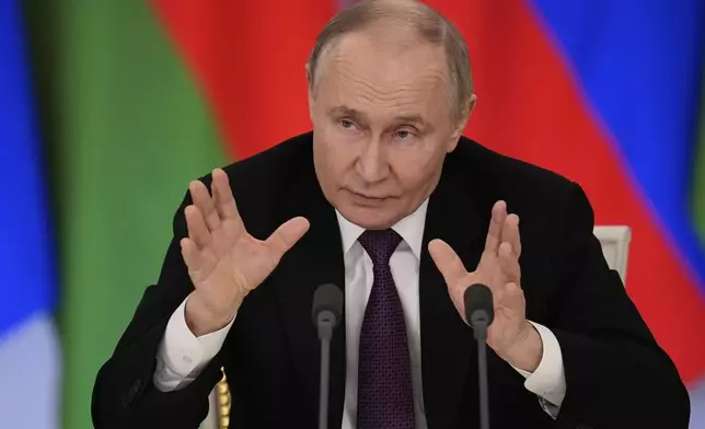 FILE - Russian President Vladimir Putin speaks during a news conference with Belarusian President Alexander Lukashenko following their talks at the Grand Kremlin Palace in Moscow, Russia, on March 13, 2025. (AP Photo/Alexander Zemlianichenko, File)