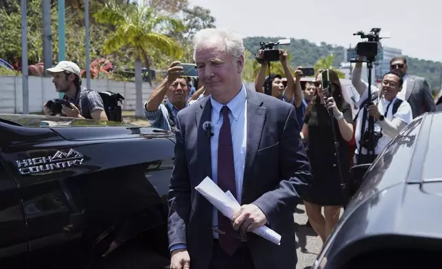 Maryland Sen. Chris Van Hollen walks away after speaking to the press in La Libertad, El Salvador, where he arrived regarding Kilmar Abrego Garcia, a Salvadoran citizen who was living in Maryland and deported to El Salvador by the Trump administration, Wednesday, April 16, 2025. (AP Photo/Salvador Melendez)