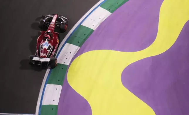 Ferrari driver Charles Leclerc of Monaco steers his car during the second free practice ahead of the Formula One Saudi Arabian Grand Prix at the Jeddah Corniche Circuit in Jeddah, Saudi Arabia, Friday, April 18, 2025. (AP Photo/Darko Bandic)