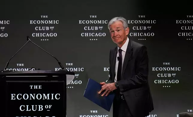 Chair of the Board of Governors of the Federal Reserve System Jerome Powell takes the stage to speak during an event hosted by the Economic Club of Chicago, Wednesday, April 16, 2025, in Chicago. (AP Photo/Erin Hooley)