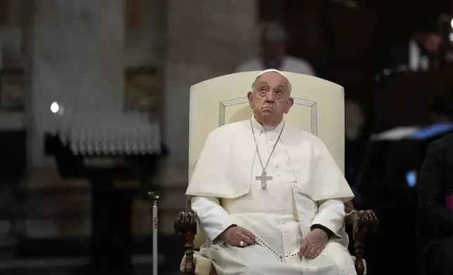 FILE - Pope Francis attends a prayer for peace at Rome's St. Mary Major Basilica, Sunday, Oct. 6, 2024. (AP Photo/Andrew Medichini, file)