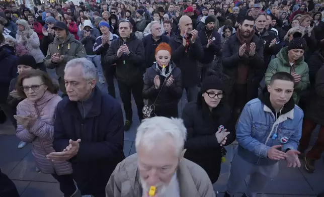 People attend a protest denouncing the expulsion and entry bans of dozens of foreign citizens recently due to alleged security risks for the Balkan country, in Belgrade, Serbia, Thursday, April 10, 2025. (AP Photo/Darko Vojinovic)