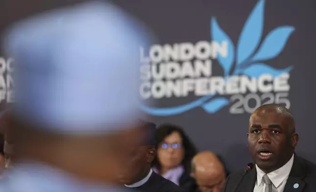 Britain's Foreign Secretary David Lammy delivers opening remarks during the London Sudan conference at Lancaster House in London, Tuesday, April 15, 2025. (Isabel Infantes/Pool Photo via AP)