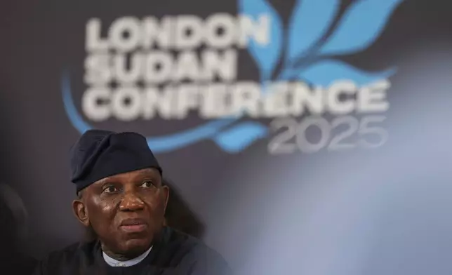 Bankole Adeoye, Political Affairs, Peace and Security Commissioner for the African Union, attends the London Sudan conference at Lancaster House in London, Tuesday, April 15, 2025. (Isabel Infantes/Pool Photo via AP)
