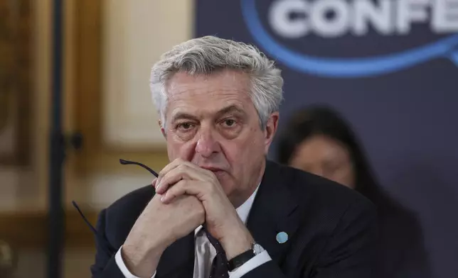 Filippo Grandi, United Nations High Commissioner for Refugees, attends the London Sudan conference at Lancaster House in London, Tuesday, April 15, 2025. (Isabel Infantes/Pool Photo via AP)