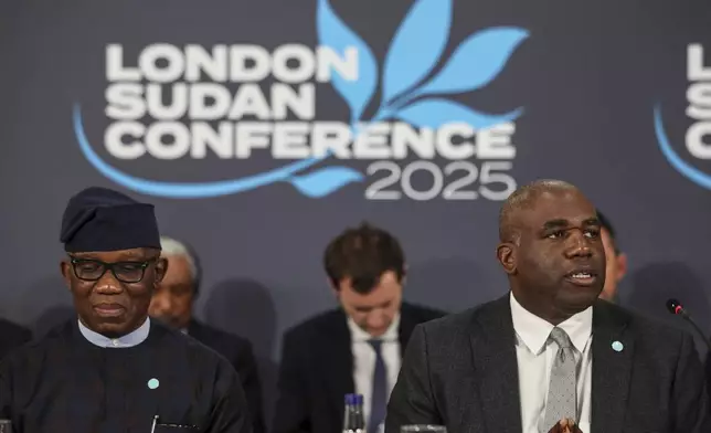 Bankole Adeoye, Political Affairs, Peace and Security Commissioner for the African Union, left, and Britain's Foreign Secretary David Lammy attend the London Sudan conference at Lancaster House in London, Tuesday, April 15, 2025. (Isabel Infantes/Pool Photo via AP)