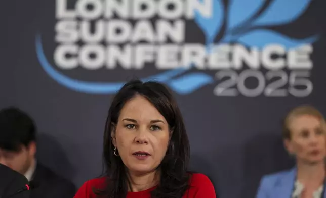 German Foreign Minister Annalena Baerbock attends the London Sudan conference at Lancaster House in London, Tuesday, April 15, 2025. (Isabel Infantes/Pool Photo via AP)