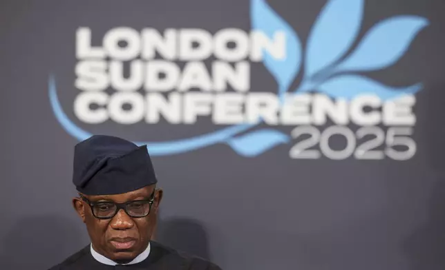 Bankole Adeoye, Political Affairs, Peace and Security Commissioner for the African Union, attends the London Sudan conference at Lancaster House in London, Tuesday, April 15, 2025. (Isabel Infantes/Pool Photo via AP)