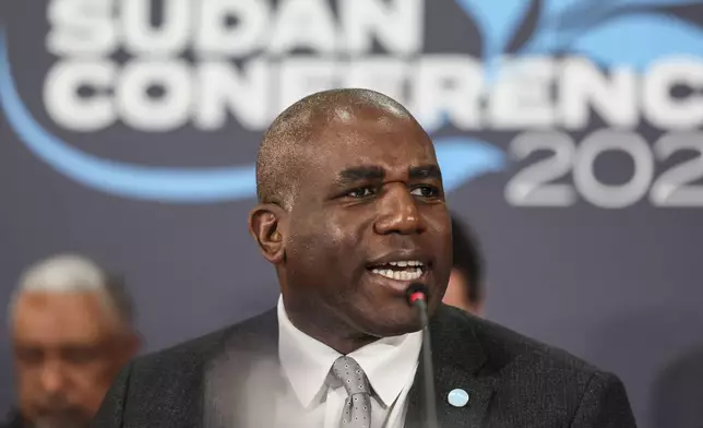 Britain's Foreign Secretary David Lammy delivers opening remarks during the London Sudan conference at Lancaster House in London, Tuesday, April 15, 2025. (Isabel Infantes/Pool Photo via AP)