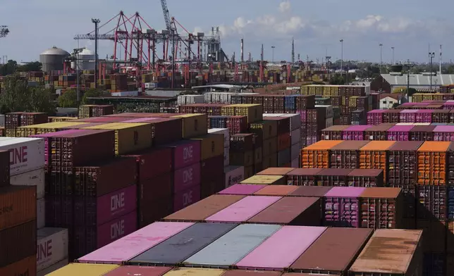 Cargo containers sit at the port in Buenos Aires, Argentina, Monday, April 14, 2025. (AP Photo/Natacha Pisarenko)