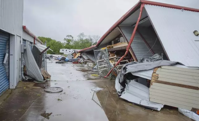Debris covers the ground after severe storms passed the area in Ada, Okla., on Sunday, April 20, 2025. (Richard R. Barron/The ADA News via AP)