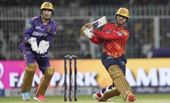 Punjab Kings' Priyansh Arya plays a shot during the Indian Premier League cricket match between Kolkata Knight Riders and Punjab Kings at Eden Gardens in Kolkata in Kolkata , India, Saturday, April 26, 2025. (AP Photo/Bikas Das)