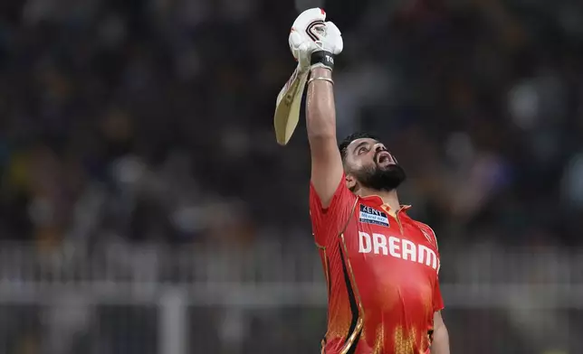 Punjab Kings' Prabhsimran Singh reacts as he leaves the ground after losing his wicket during the Indian Premier League cricket match between Kolkata Knight Riders and Punjab Kings at Eden Gardens in Kolkata in Kolkata , India, Saturday, April 26, 2025. (AP Photo/Bikas Das)
