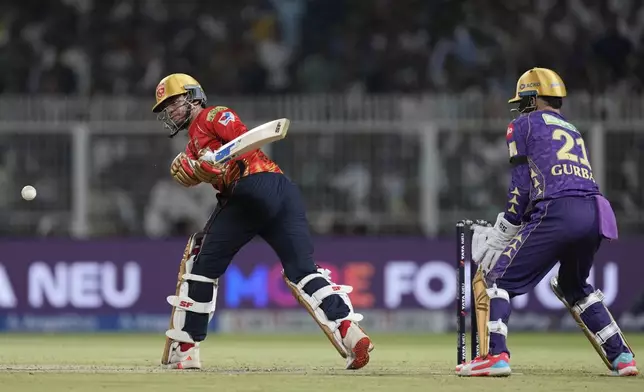 Punjab Kings' Priyansh Arya plays a shot during the Indian Premier League cricket match between Kolkata Knight Riders and Punjab Kings at Eden Gardens in Kolkata in Kolkata , India, Saturday, April 26, 2025. (AP Photo/Bikas Das)