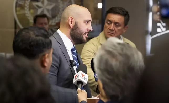 El Paso District Attorney James Montoya talks to media outside the 409th District Court after Patrick Crusius pleaded guilty in the death of 23 people in the Aug. 3. 2019 Walmart Mass shooting, Monday, April 21, 2025, in El Paso, Texas. (AP Photo/Ivan Pierre Aguirre)