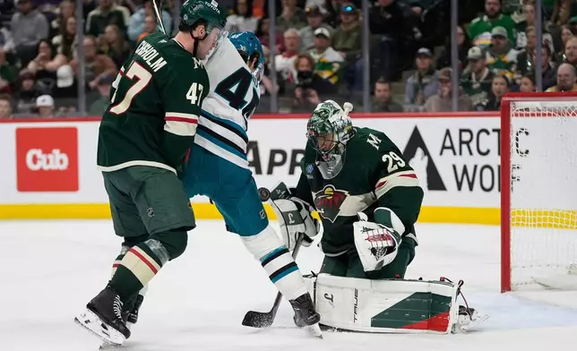Minnesota Wild goaltender Marc-Andre Fleury (29) defends against a shot as San Jose Sharks center Cam Lund (46) pressures during the second period of an NHL hockey game, Wednesday, April 9, 2025, in St. Paul, Minn. (AP Photo/Abbie Parr)