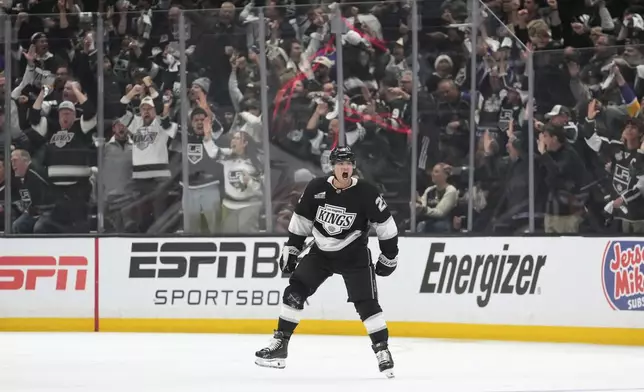 Los Angeles Kings left wing Kevin Fiala celebrates his goal during the third period in Game 1 of an NHL hockey first-round playoff series against the Edmonton Oilers, Monday, April 21, 2025, in Los Angeles. (AP Photo/Mark J. Terrill)