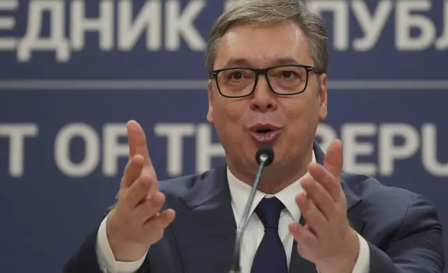 Serbian President Aleksandar Vucic speaks during a public address in Belgrade, Serbia, Wednesday, April 16, 2025. (AP Photo/Darko Vojinovic)