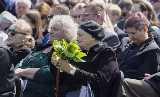 People gather commemorating victims of a World War II concentration camp, where tens of thousands of people perished in the hands of the pro-Nazi puppet regime at the time, in Jasenovac, Croatia, Tuesday, April 22, 2025. (AP Photo)