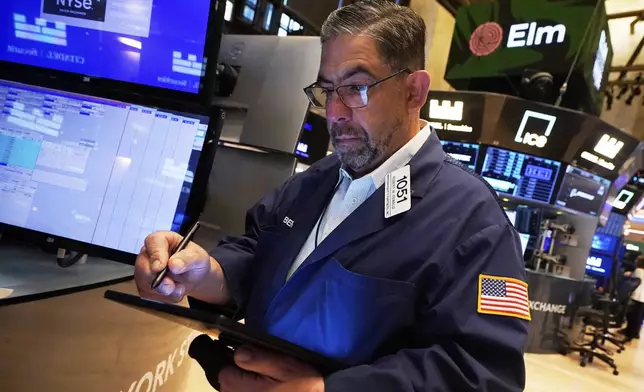 Trader Robert Oswald works on the floor of the New York Stock Exchange, Wednesday, April 23, 2025. (AP Photo/Richard Drew)