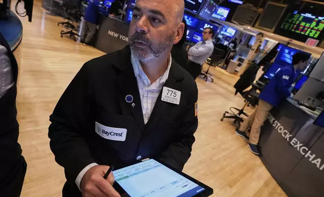 Trader Fred Demarco works on the floor of the New York Stock Exchange, Wednesday, April 23, 2025. (AP Photo/Richard Drew)