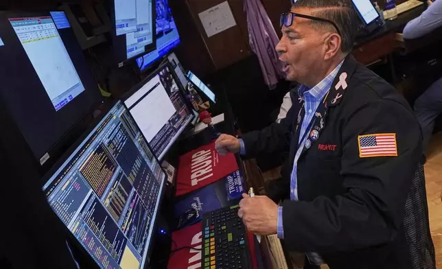 Trader Jonathan Mueller works on the floor of the New York Stock Exchange, Wednesday, April 23, 2025. (AP Photo/Richard Drew)