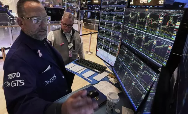 Specialist Anthony Matesic, left, and trader Michael Conlon work on the floor of the New York Stock Exchange, Wednesday, April 23, 2025. (AP Photo/Richard Drew)