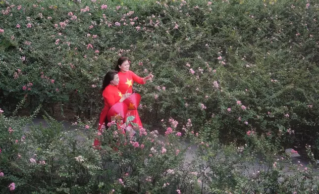 Women in traditional costume "Ao dai" featured Vietnamese flags walk in a park in Ho Chi Minh City, Vietnam Tuesday, April 29, 2025. (AP Photo/Hau Dinh)